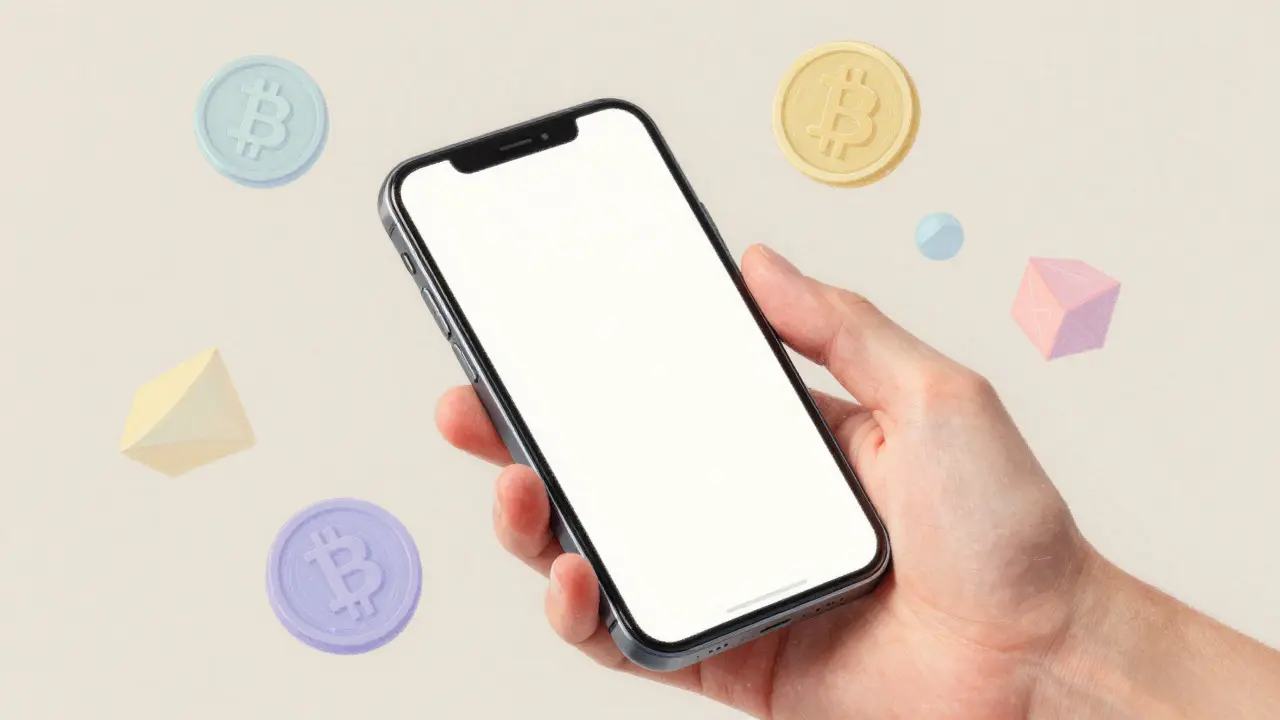 Soft pastel illustration of a hand holding a smartphone surrounded by floating crypto symbols