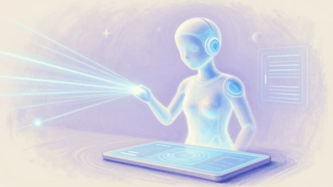 Soft pastel illustration of an AI assistant organizing financial data streams.