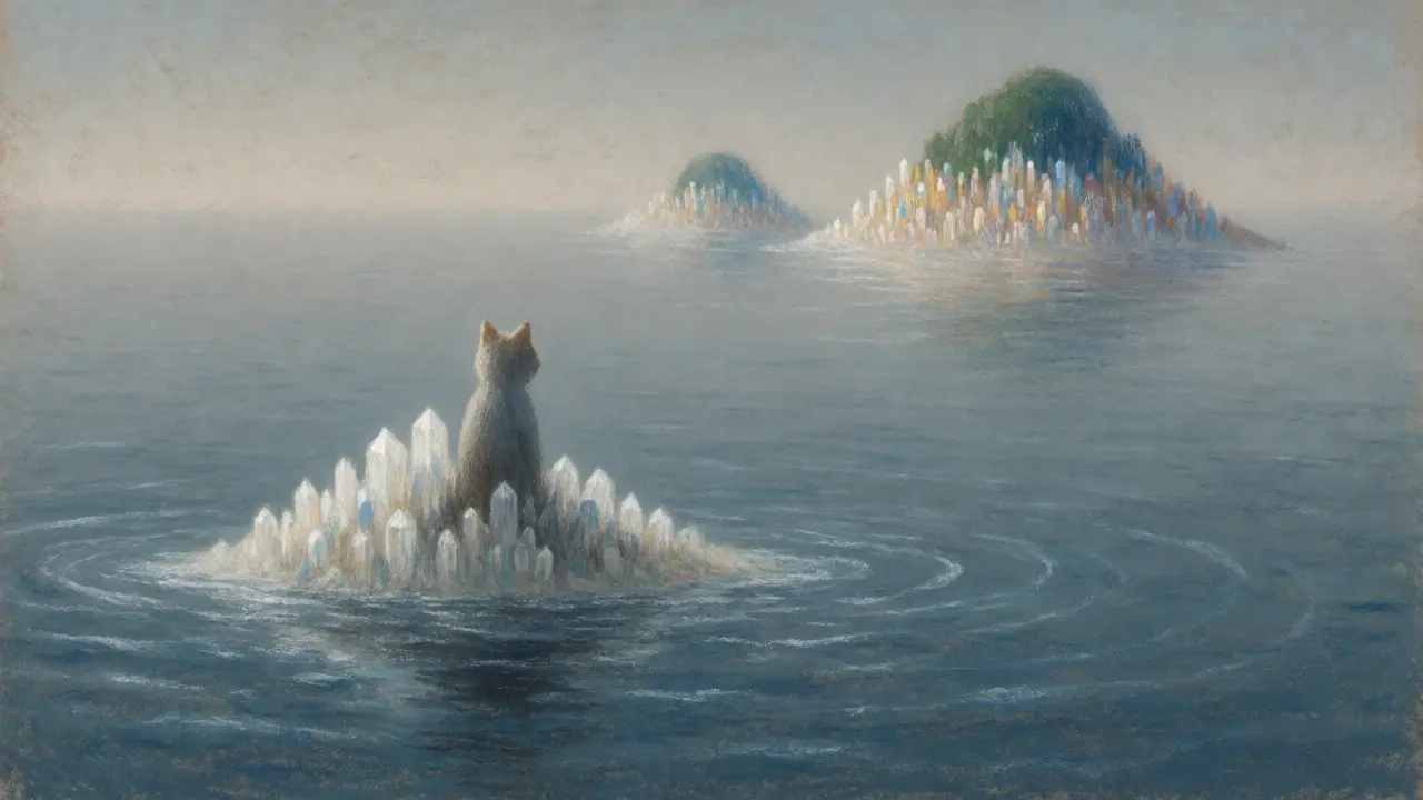 Solitary cat on a crystal island amidst a misty digital sea