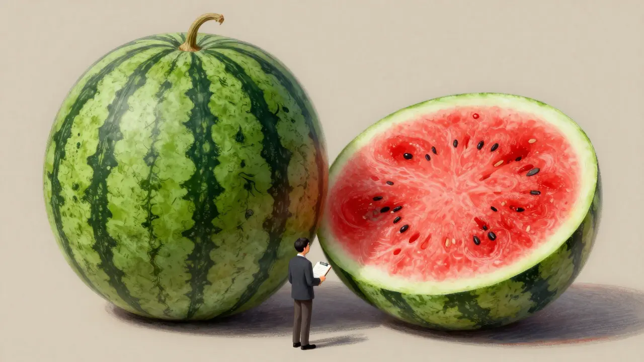 Watermelon with green outside and rotting red inside