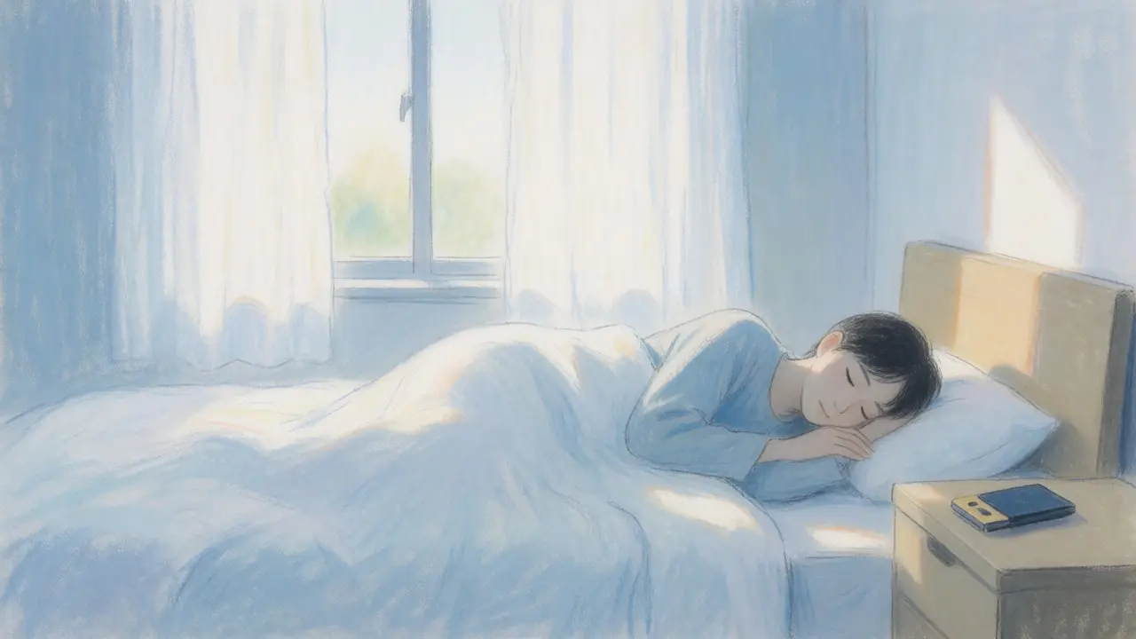 A person sleeping peacefully with a hardware wallet nearby, showing low stress.
