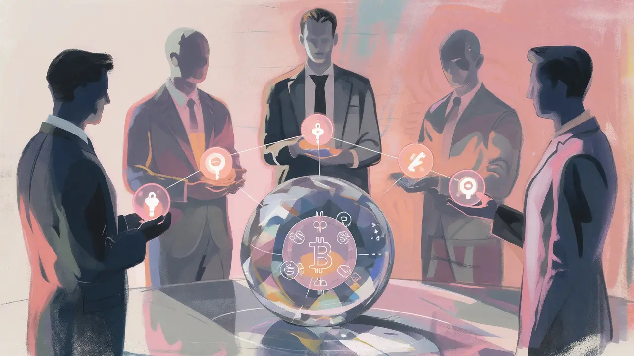 Abstract figures holding glowing orbs around a central sphere, representing distributed MultiSig governance.
