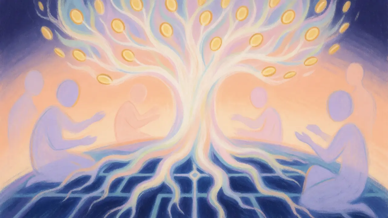 Abstract pastel art of a light-tree growing golden coins from a blockchain root system.
