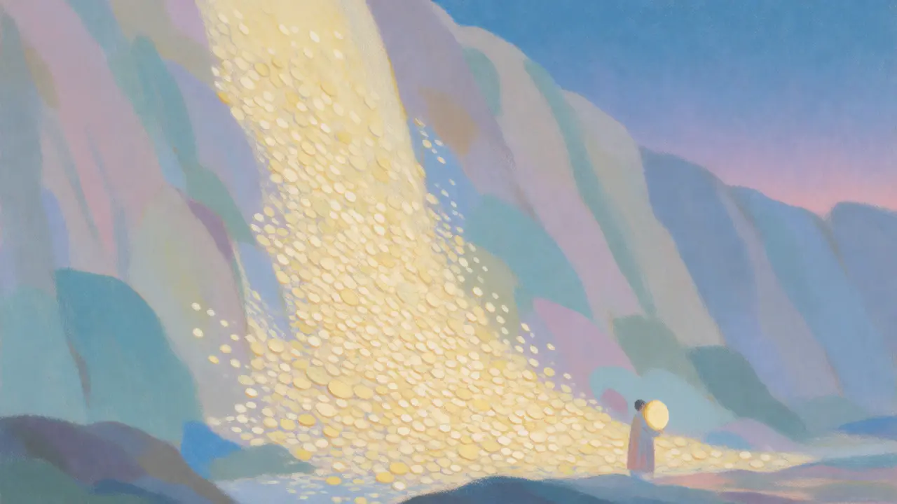 Abstract pastel art of a waterfall of tiny golden coins cascading down a colorful cliff.