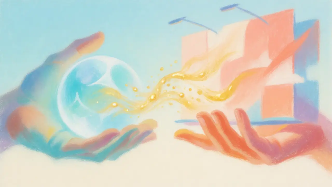 Abstract pastel art showing hands exchanging tokens and ads via light