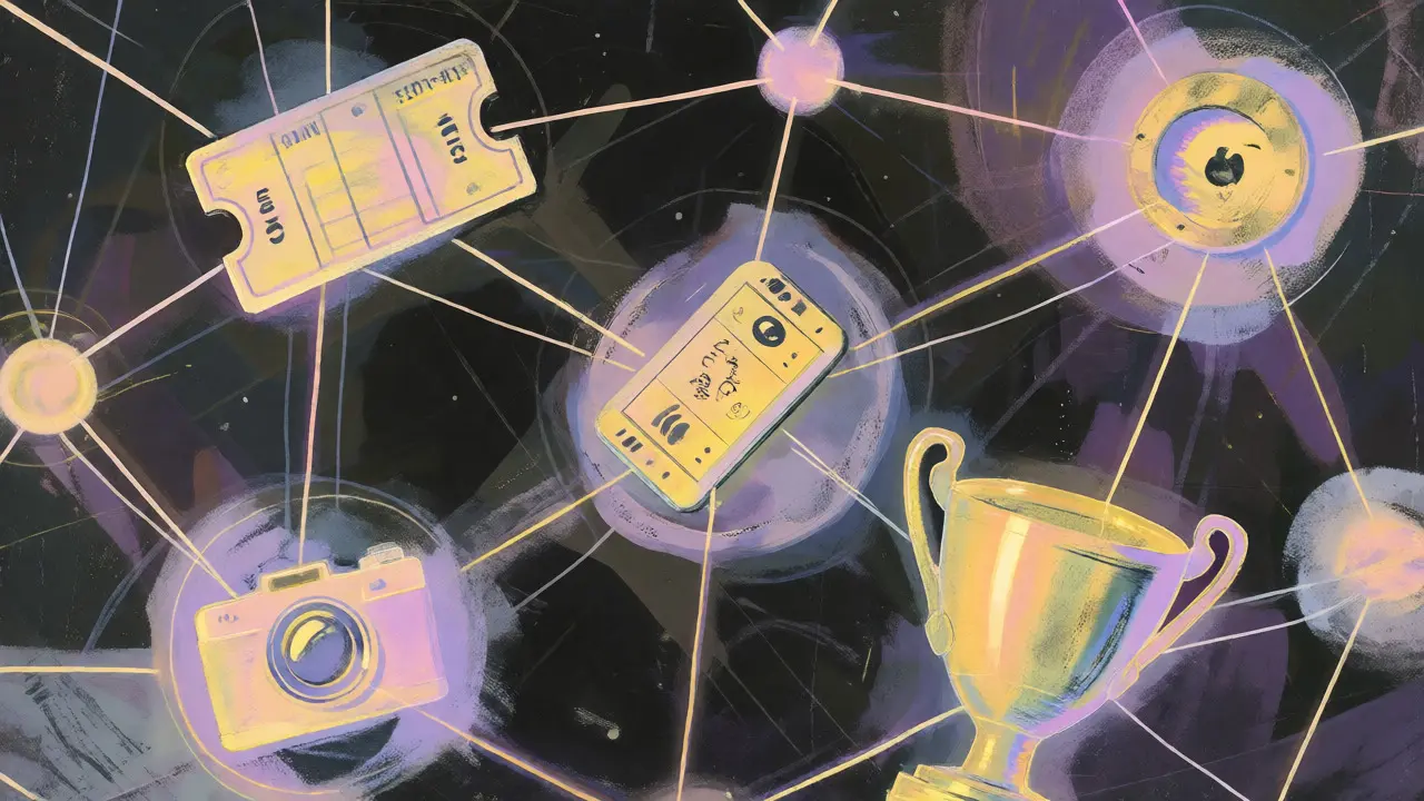 Abstract pastel drawing of a blockchain network connected to football items
