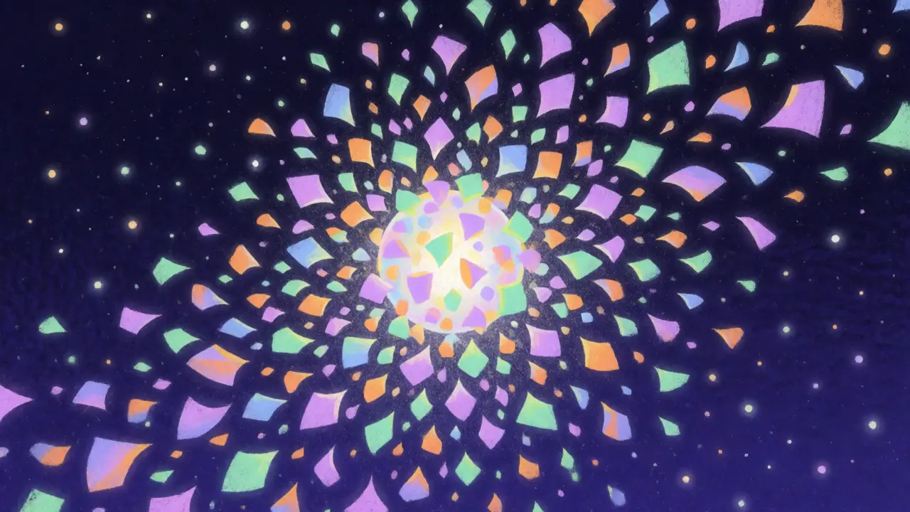Abstract pastel illustration of encrypted data shards scattering globally