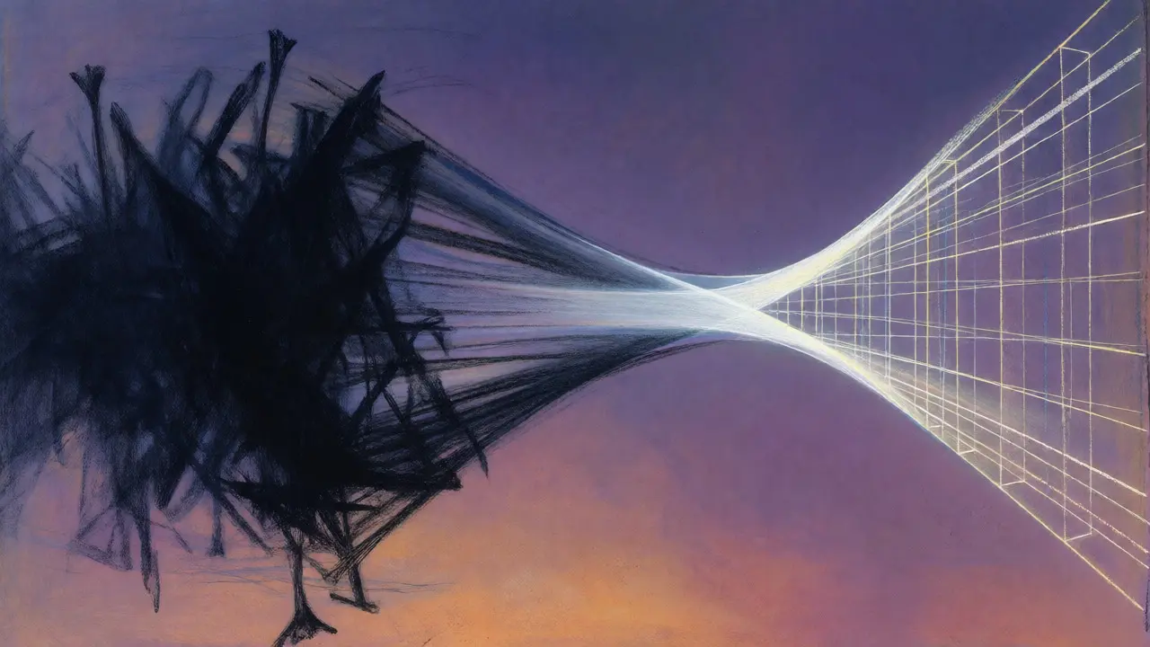 Abstract pastel illustration showing dark private key transforming into light public key