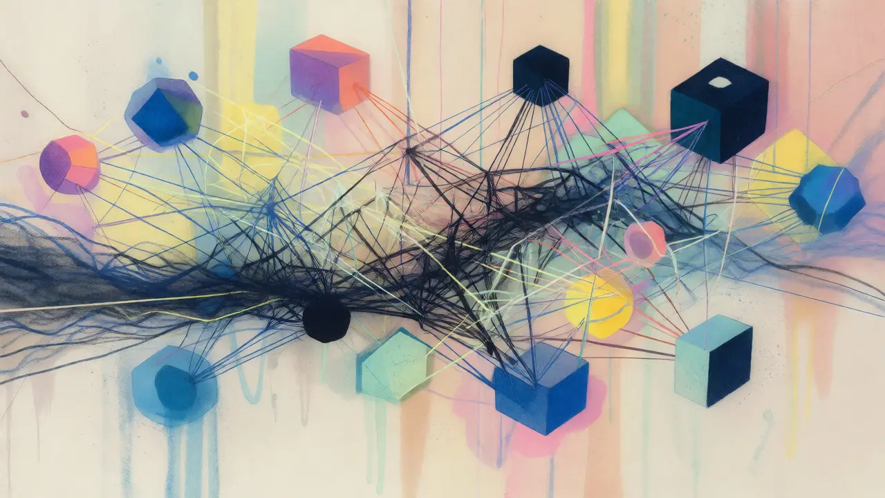 Abstract pastel web connecting crypto entities with tangled dark threads