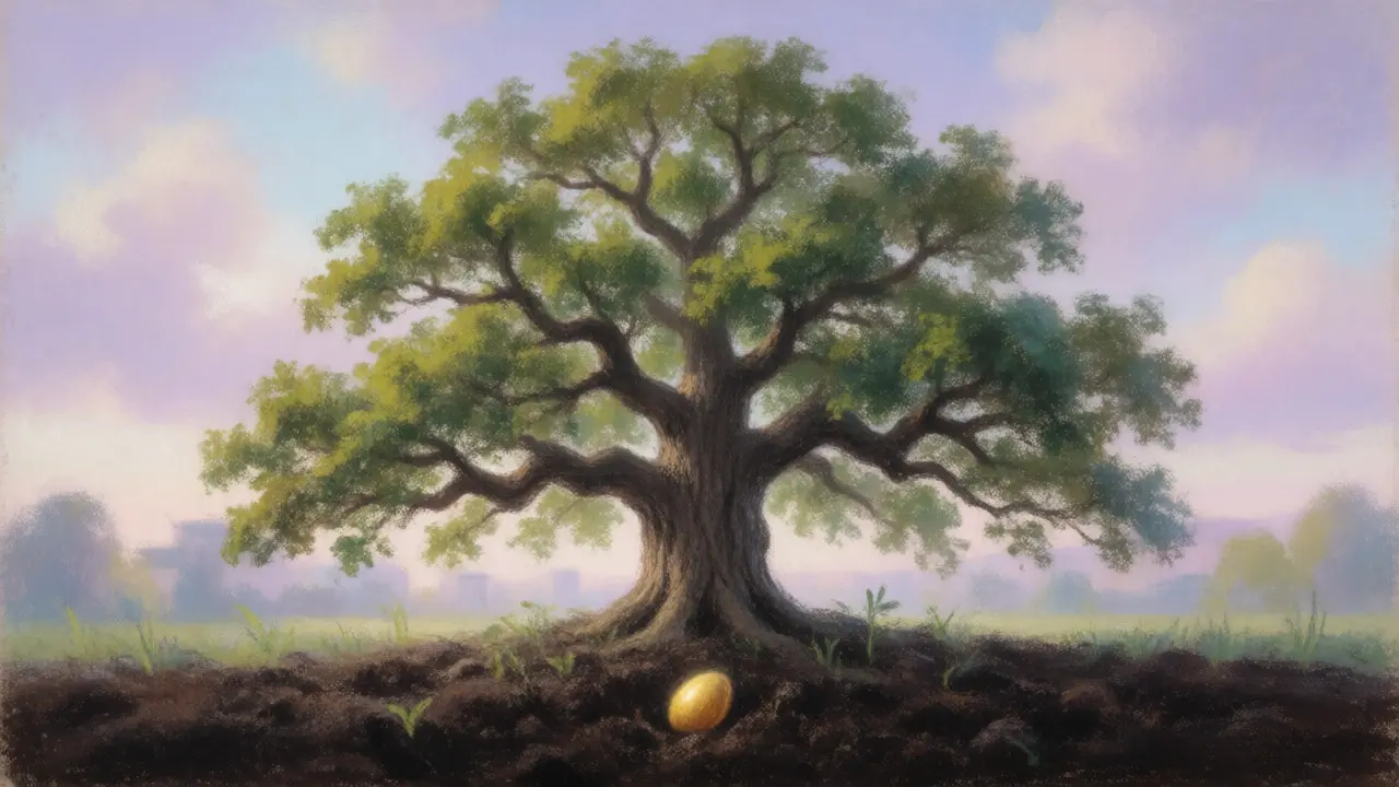 An ancient tree growing from a golden seed, symbolizing long-term crypto growth.