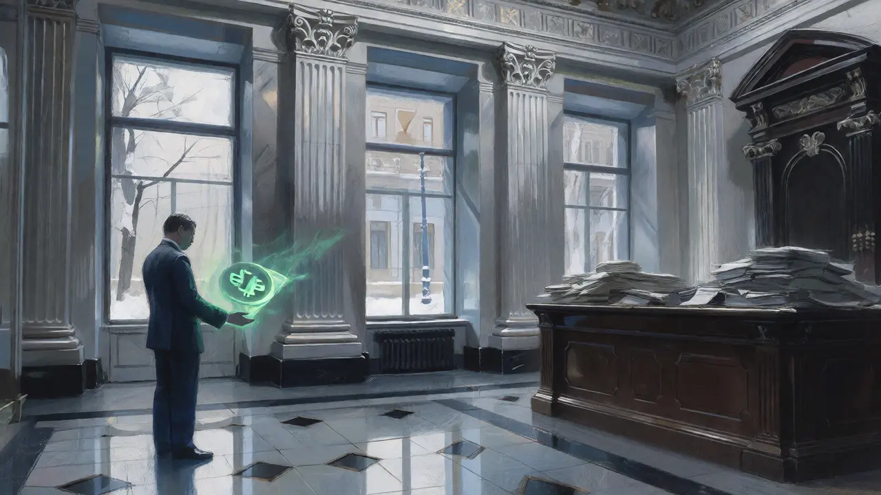 Businessman navigating complex crypto trade regulations in an office