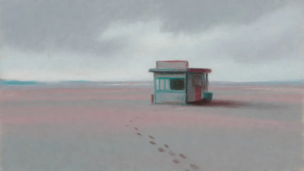 Desolate pastel landscape with an empty trading kiosk on a vast plain, symbolizing low volume.