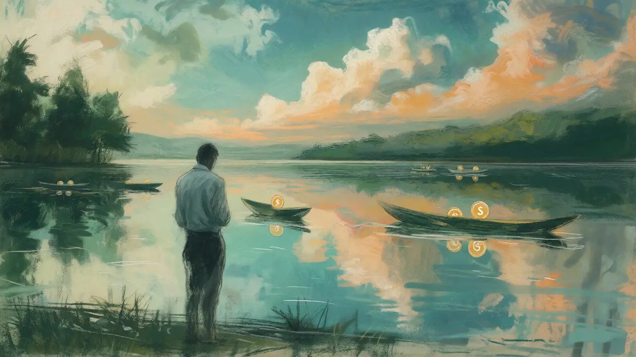 Figure contemplating risk near a reflective token pool