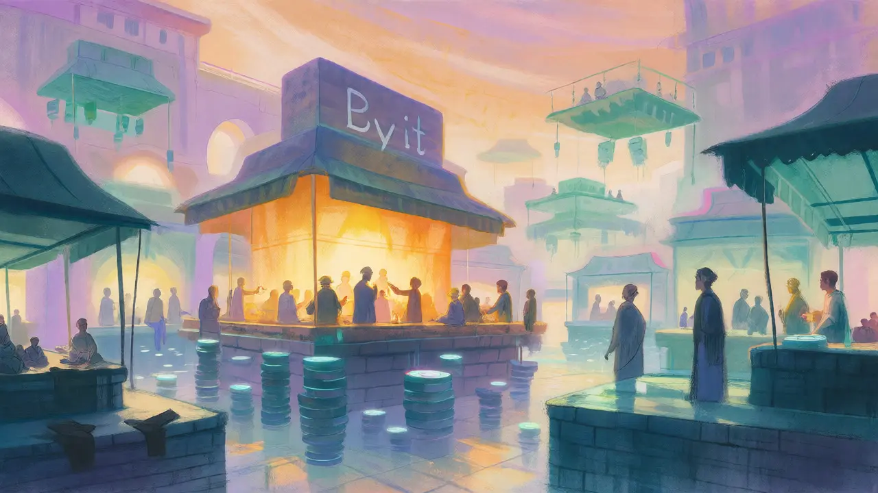 Floating pastel platforms representing fragmented P2P markets exchanging digital tokens.