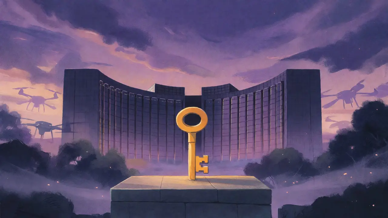 Golden key on a pedestal before the People's Bank of China at dusk, symbolizing strict financial control.
