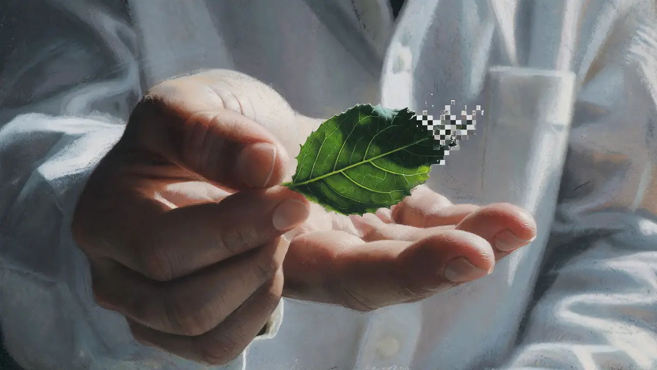 Hand holding a wilting green leaf turning into pixels, illustrating the gap between eco-promises and reality.