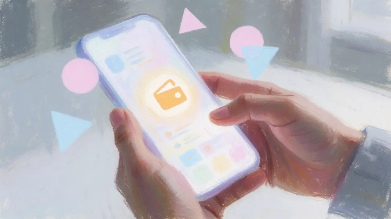 Hands holding a phone with a glowing wallet icon surrounded by task symbols