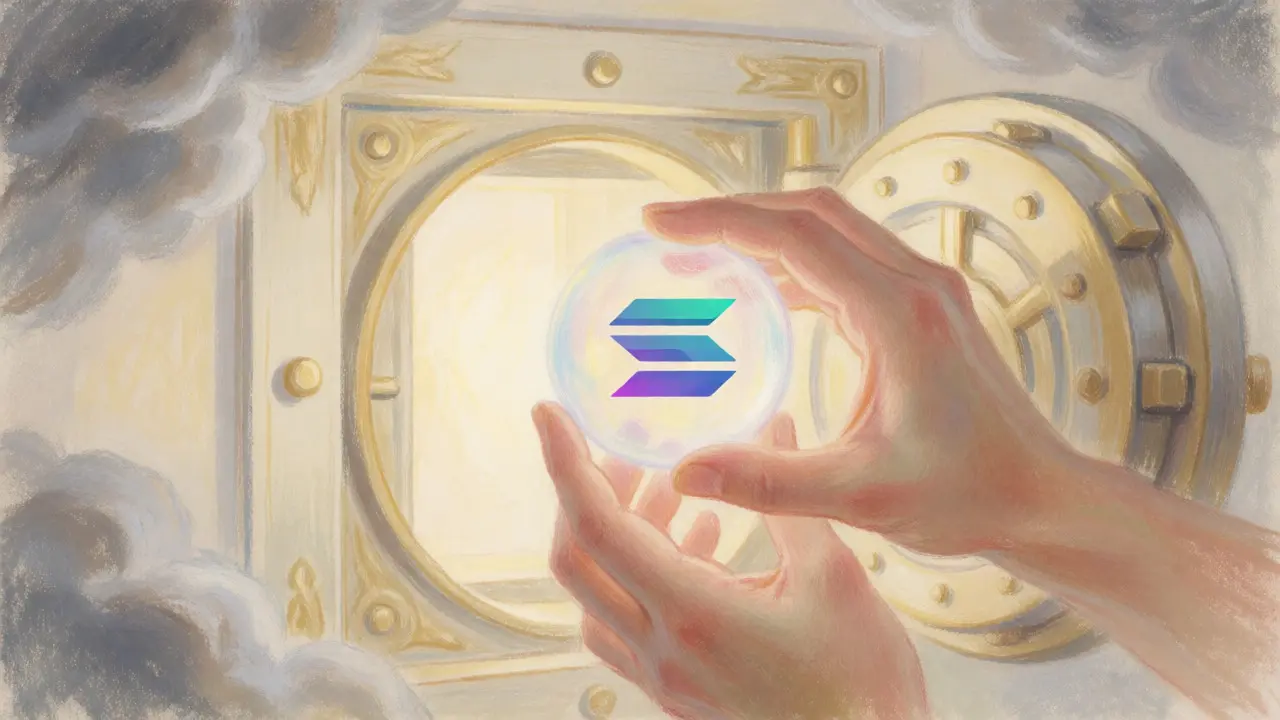 Hands placing a glowing Solana sphere into an ornate vault in pastel colors.