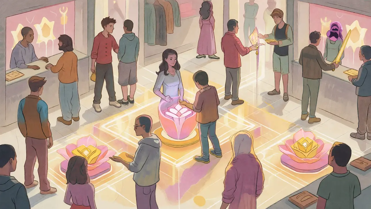 Illustration of avatars trading NFTs and interacting in a soft-pastel GameFi marketplace.