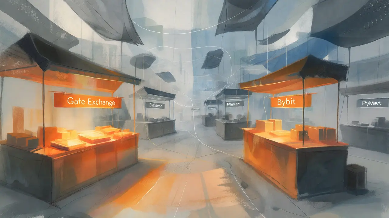 Pastel art showing concentrated trading activity at two main exchange stalls.