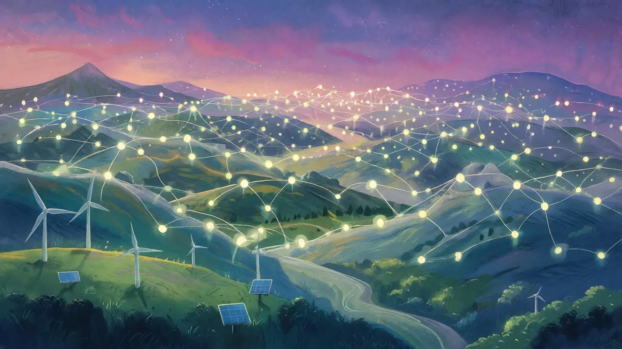 Pastel depiction of a decentralized network powered by renewable energy