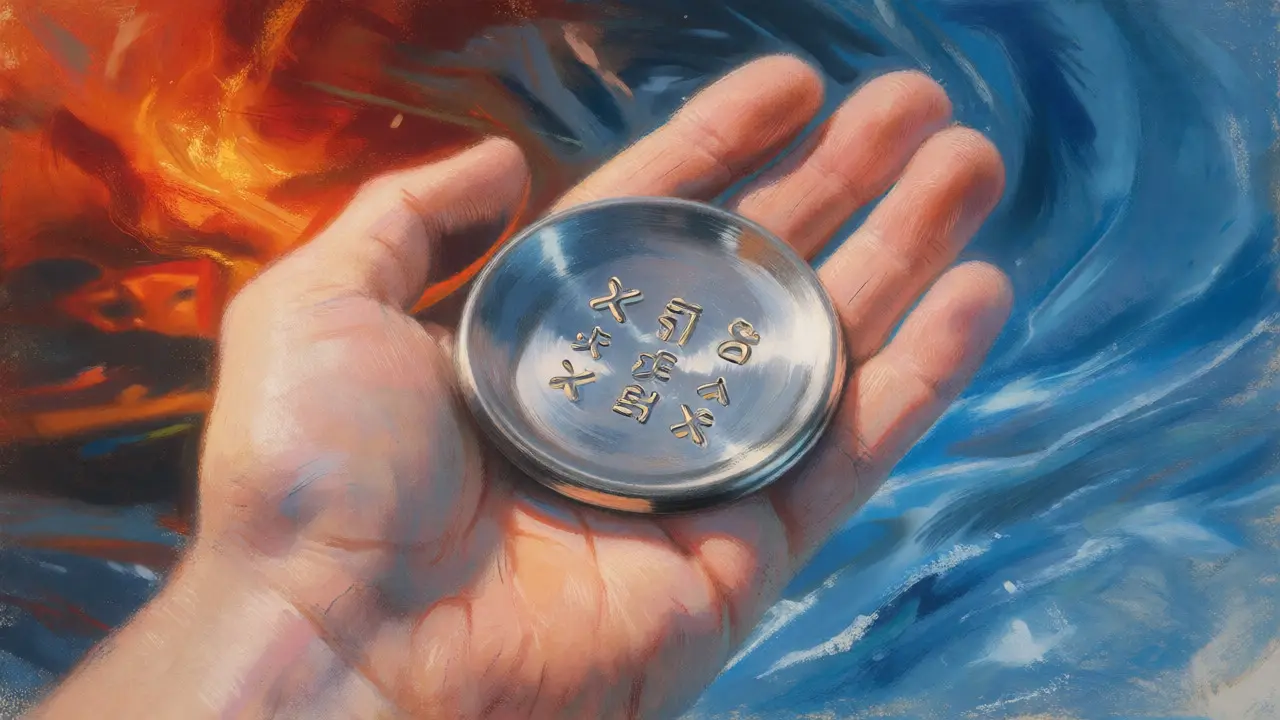 Pastel drawing of a hand holding a steel seed phrase plate amidst fire and water