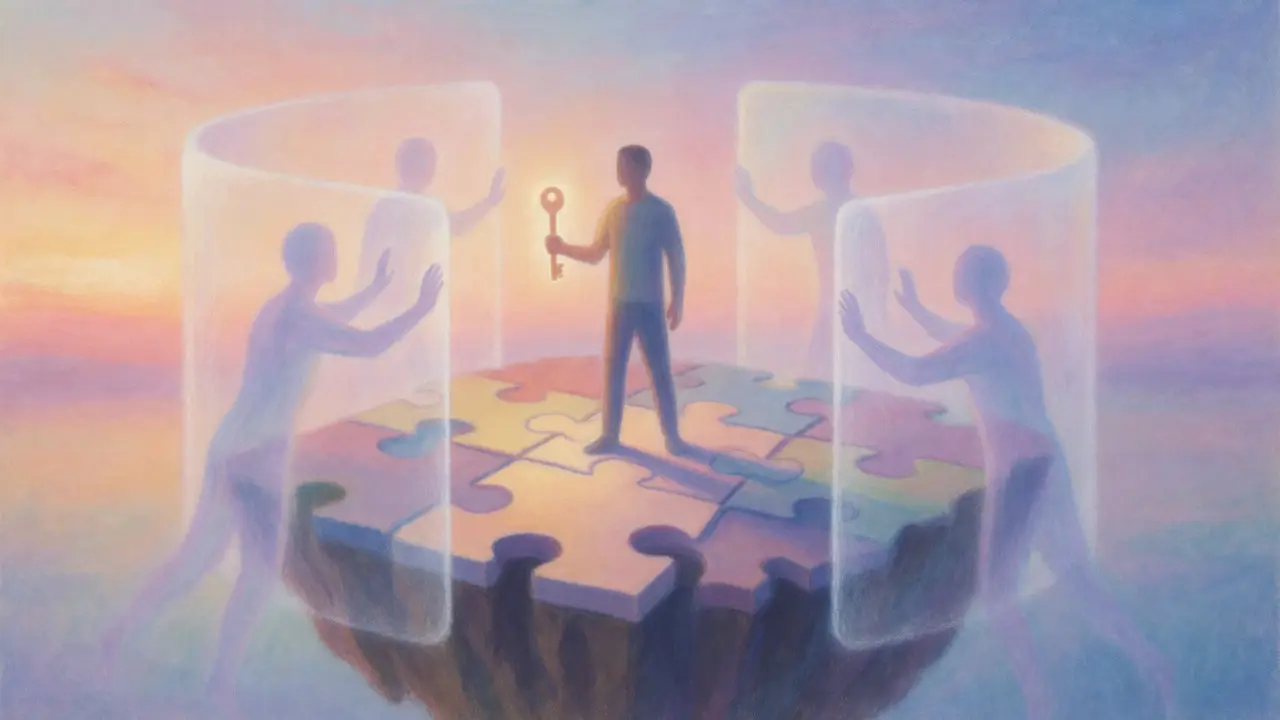 Pastel drawing of a person holding a key on a stable floating island