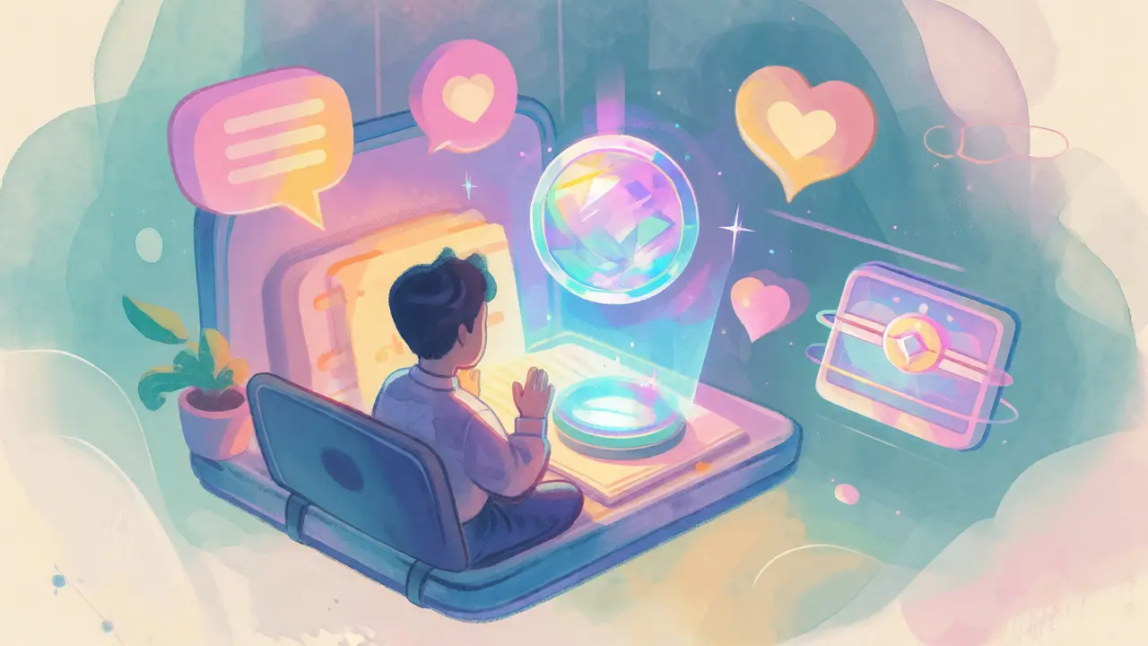 Pastel drawing of a player viewing a glowing PEARL token hologram in a virtual study nook.