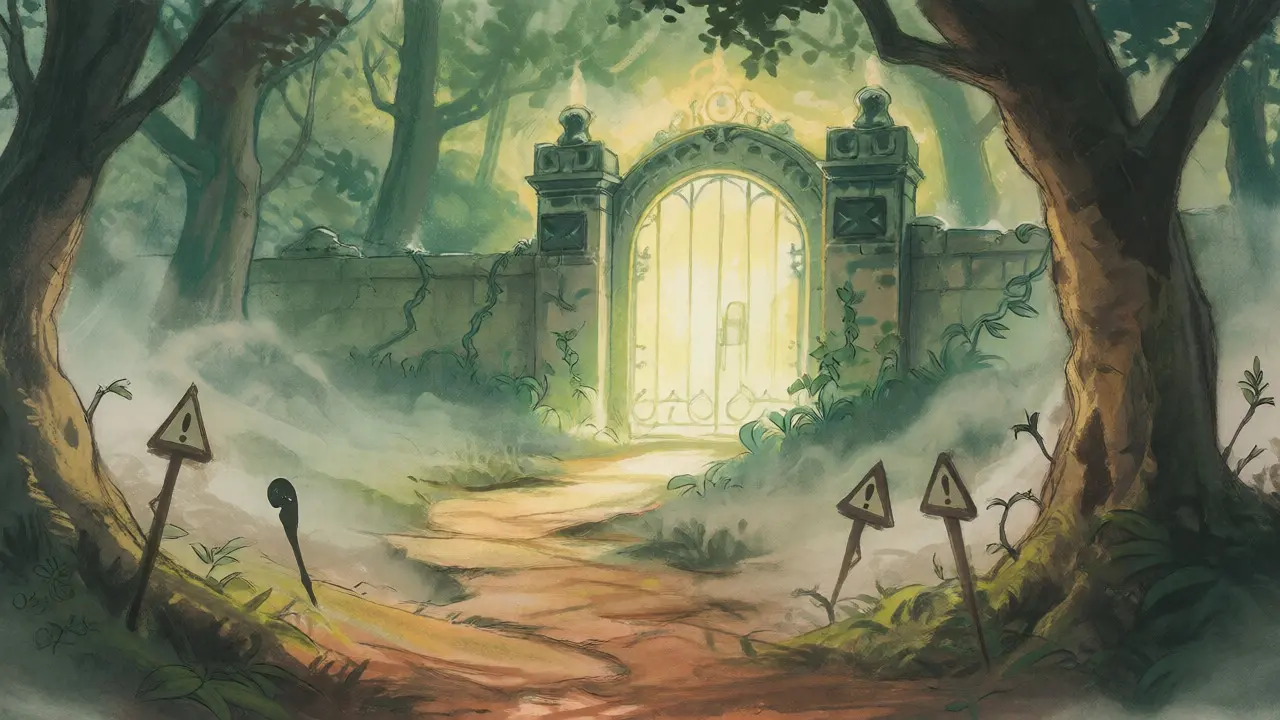 Pastel drawing of a safe path leading to a glowing gate