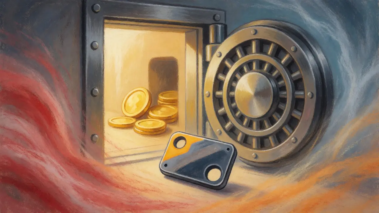 Pastel drawing of a secure vault door protecting coins from external market volatility