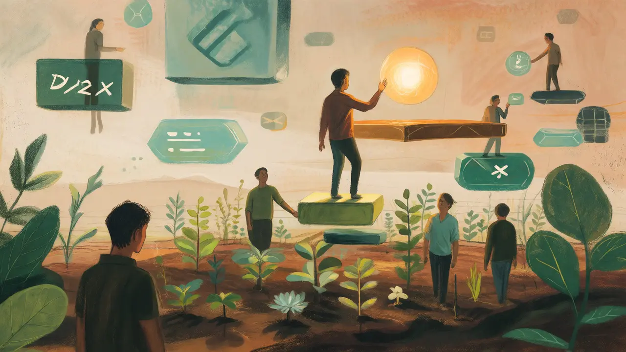 Pastel drawing of users interacting with apps and bridging assets in a digital ecosystem.
