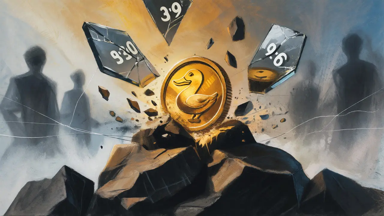 Pastel illustration of a duck coin shattering against rocks with broken price mirrors.
