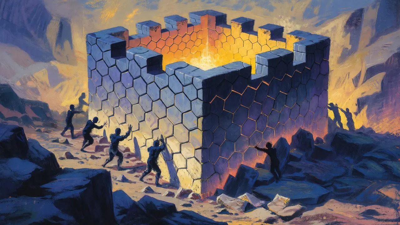 Pastel illustration of a fortress resisting external attacks