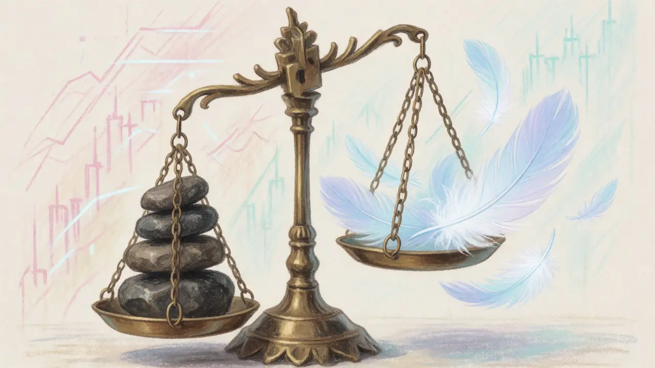 Pastel illustration of a scale balancing heavy fee stones against light feather-like savings