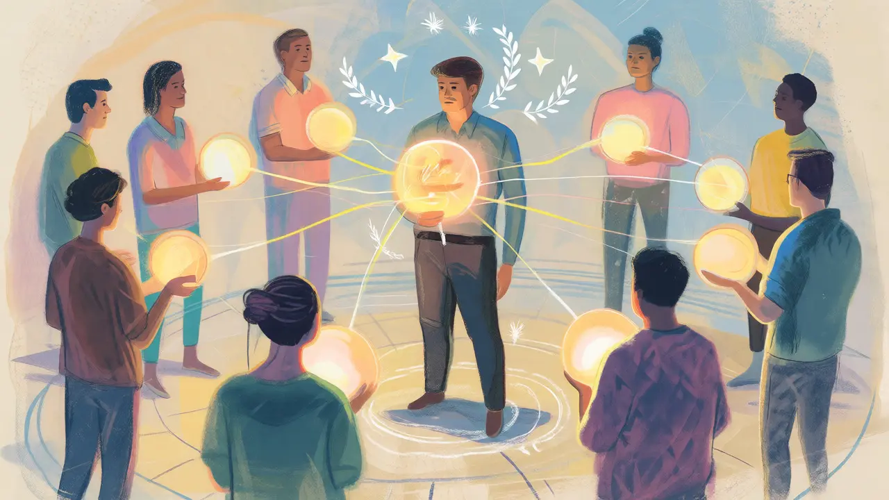 Pastel illustration of diverse figures delegating glowing voting orbs to a central trusted representative.
