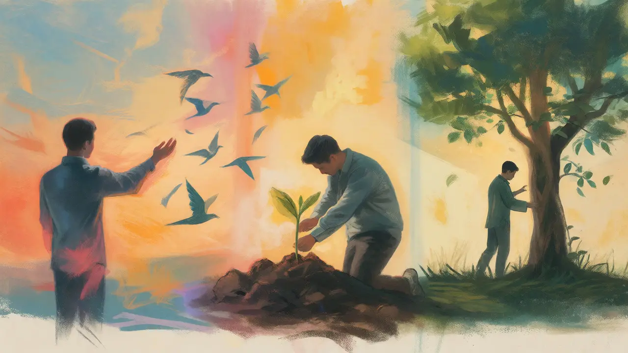 Pastel illustration showing sell, hold, and stake concepts