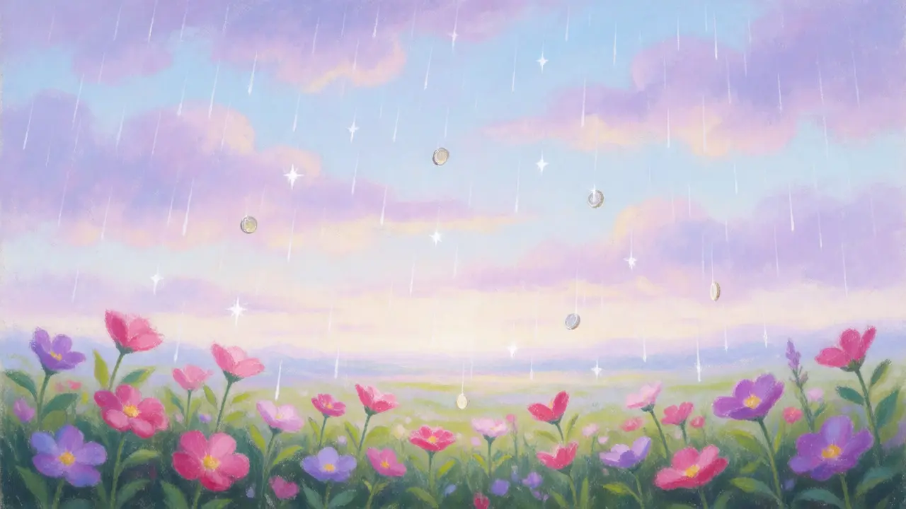 Pastel landscape with flowers blooming under raining crypto coins
