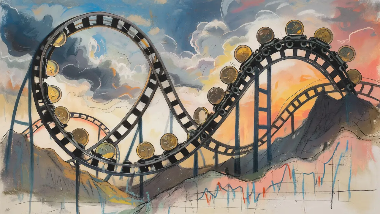 Pastel rollercoaster illustrating volatile crypto price history