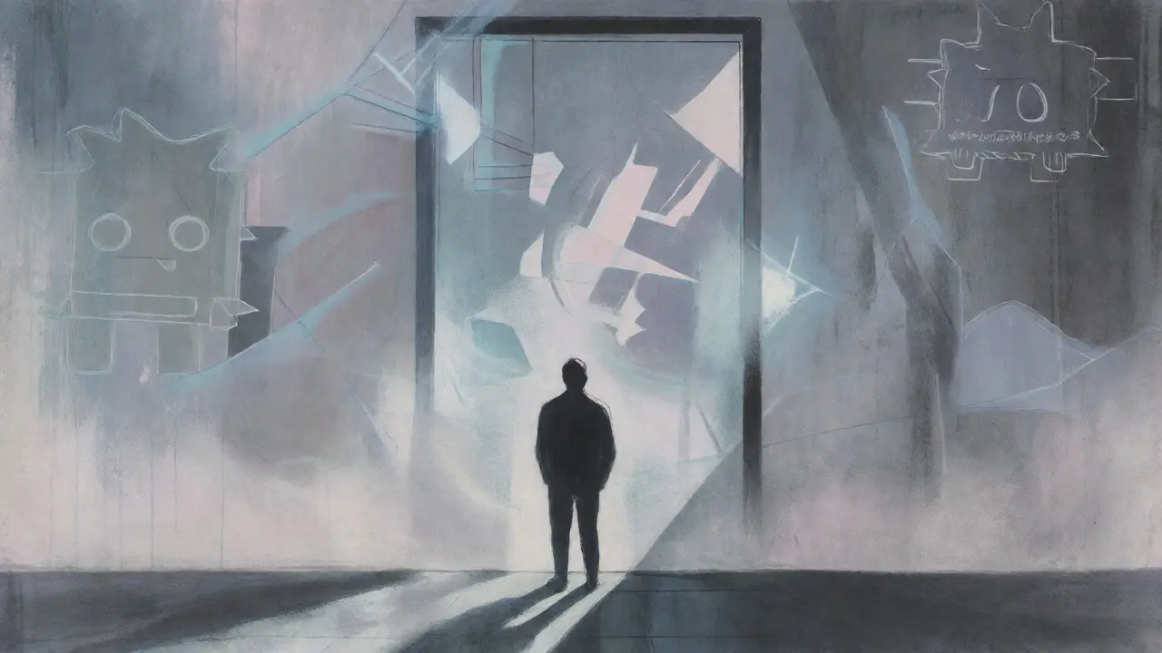 Silhouette standing before a misty portal representing the anonymity and risk of crypto projects.