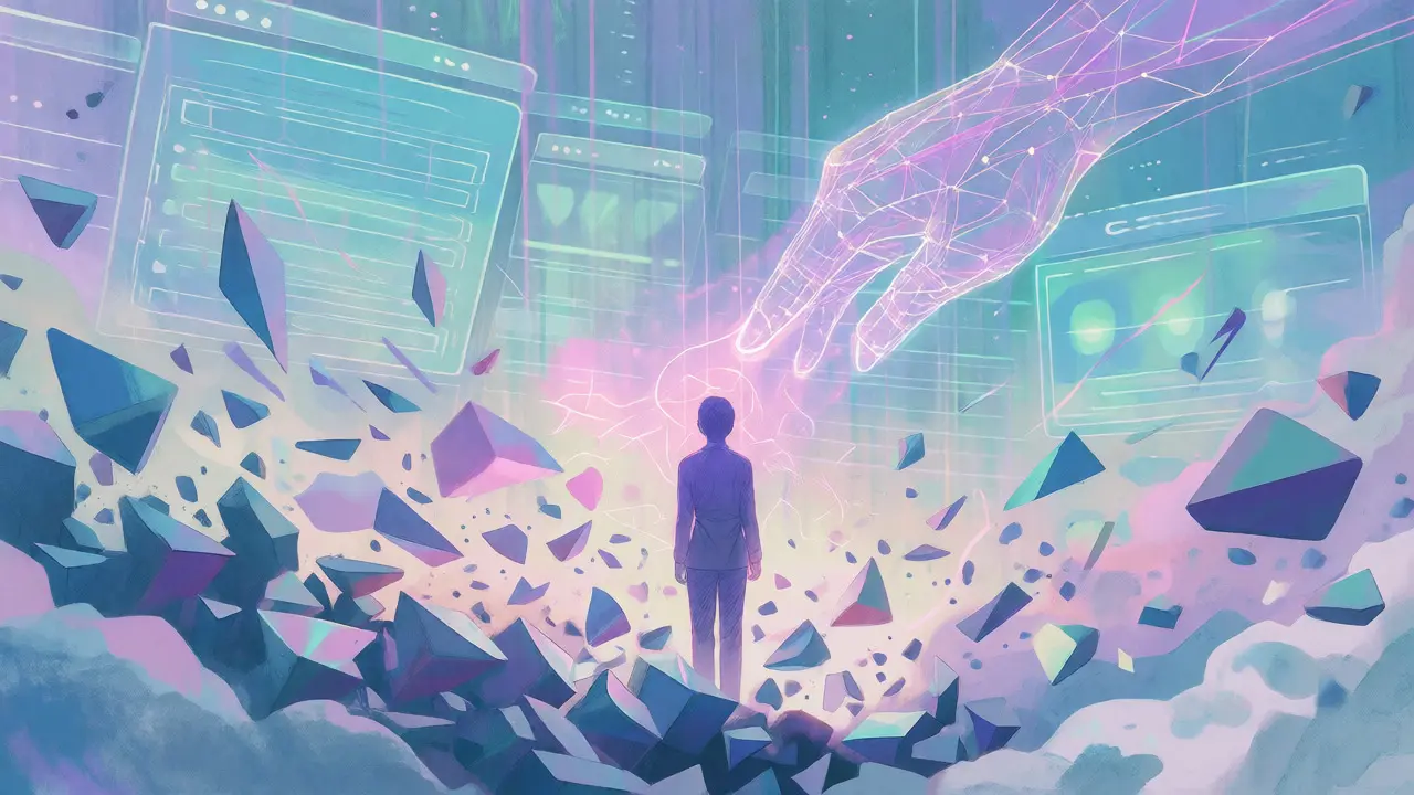Soft pastel art showing an AI entity guiding a human through chaotic data streams with calm clarity.