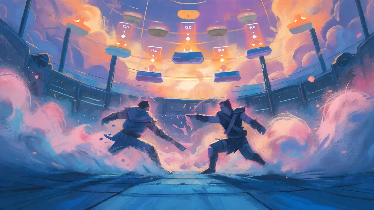 Soft pastel illustration of two warriors battling in a CryptoBay arena with ranking platforms.