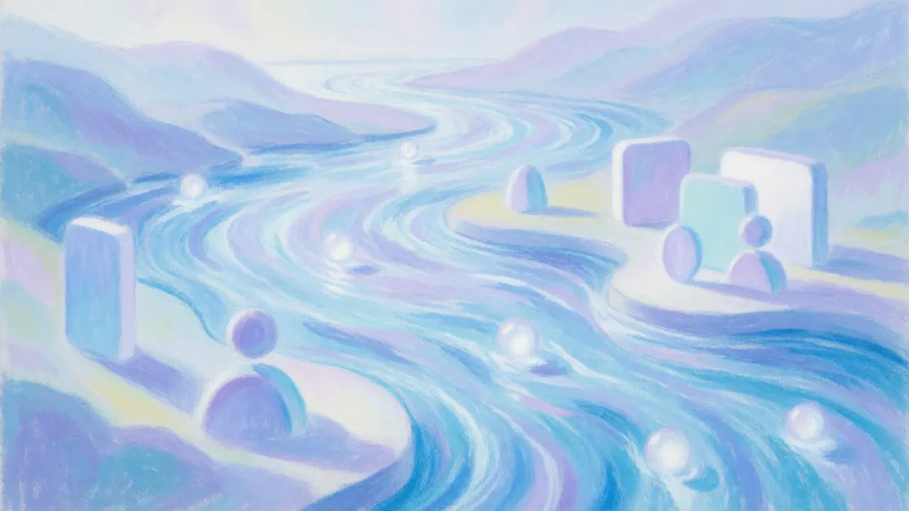 Solana's high throughput depicted as a flowing pastel river