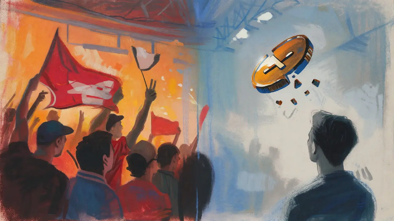 Split pastel artwork showing football celebration and a solitary investor
