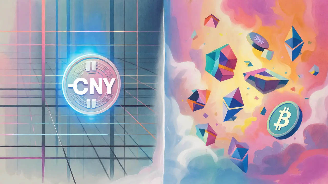 Split view contrasting controlled e-CNY with free-floating decentralized crypto assets.