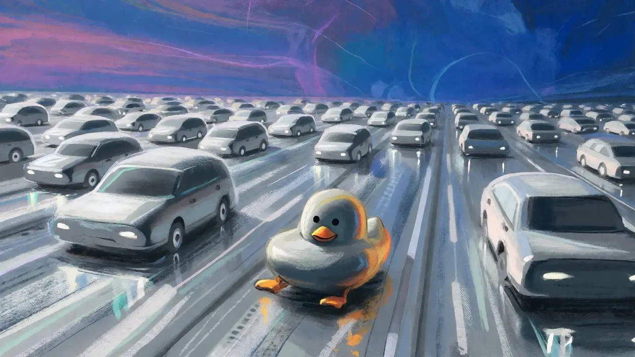 Surreal pastel art of a duck-shaped car on a busy Solana highway amidst many others.