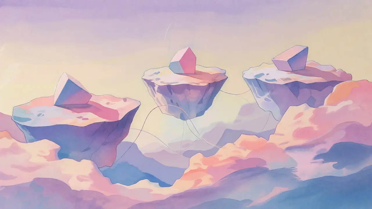 Surreal pastel landscape with floating islands representing conflicting cryptocurrency price data.