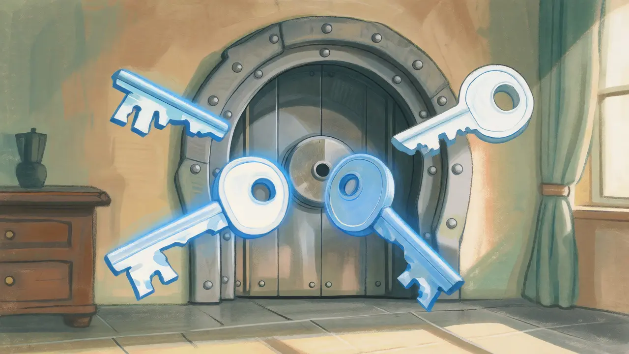 Three keys surrounding a vault, with two engaged, illustrating a secure 2-of-3 MultiSig setup.
