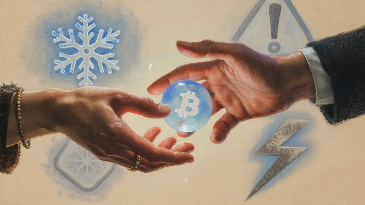 Two hands holding a glowing crypto orb amidst faint risk symbols like ice and lightning.