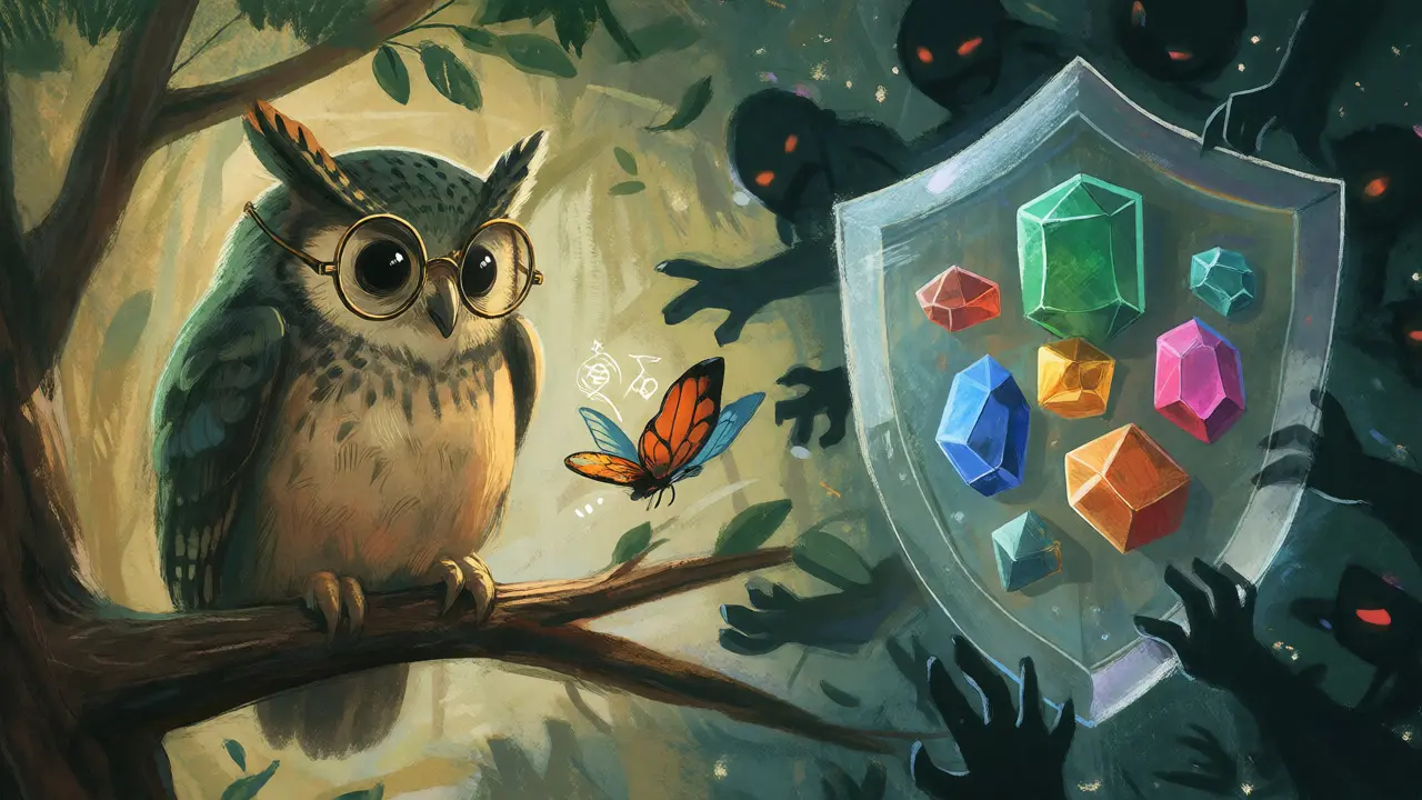 Owl protecting gems from shadowy figures with a shield
