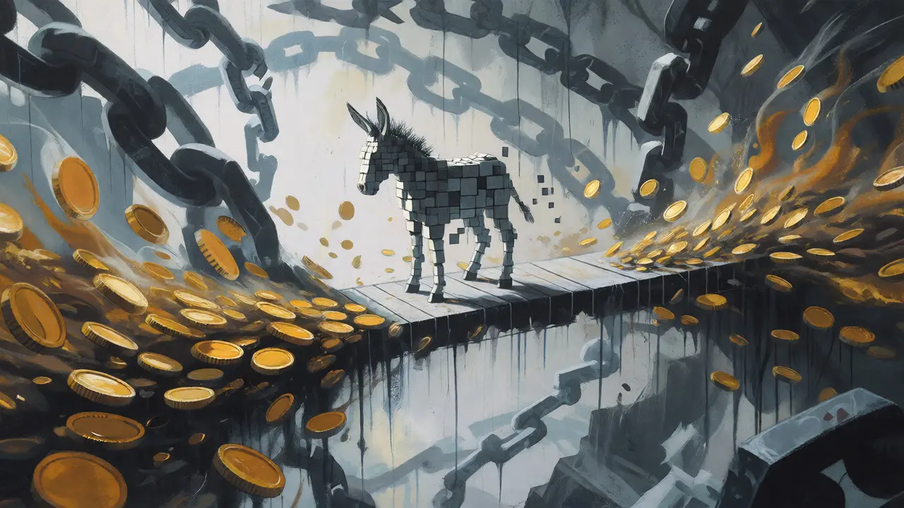 Surreal pixelated donkey on fragile bridge with dissolving coins